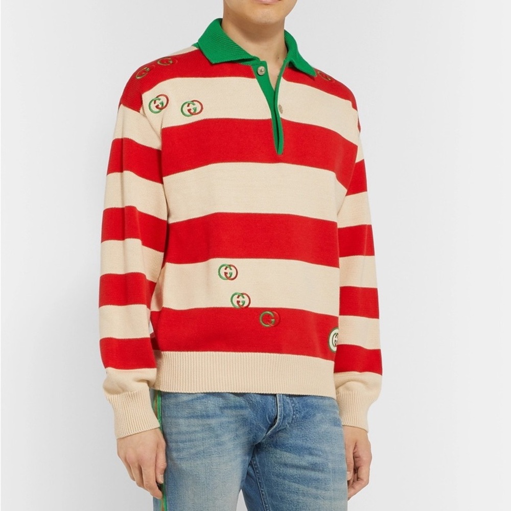 Gucci Logo-Embroidered Striped Cotton Half-Placket Sweater